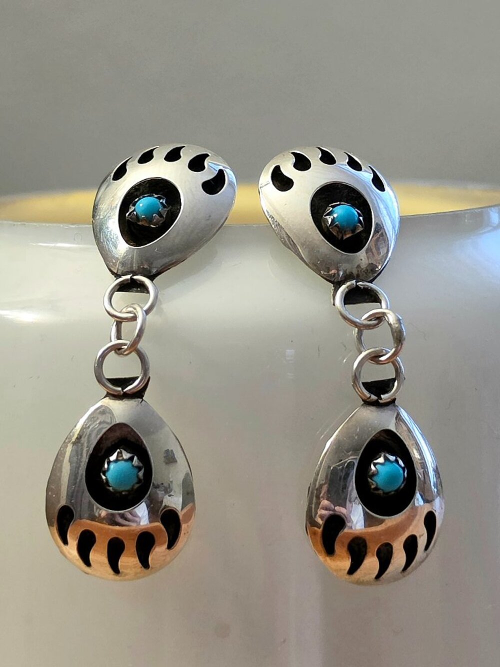 Vintage Southwestern Sterling Silver Double Bear Paw Turquoise Dangle Earrings